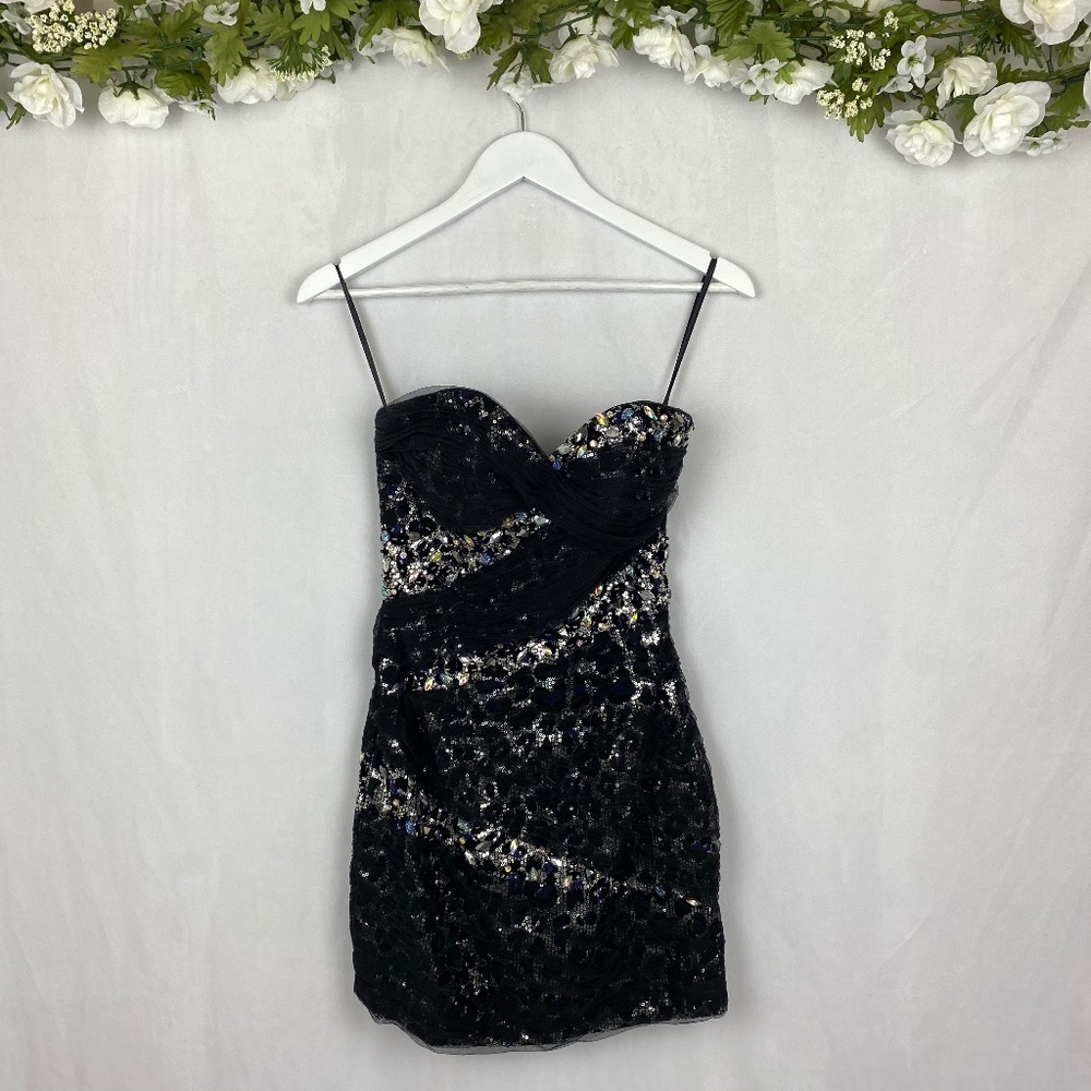 Black homecoming strapless rhinestone tulle lace dress size 0